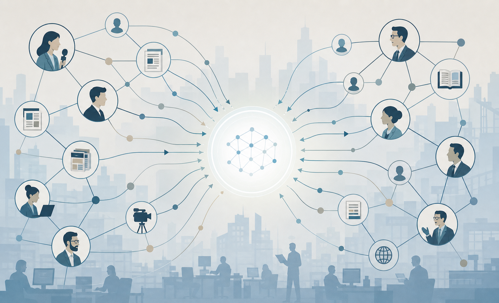 AI System Absorbing Independent Sources in a Muted Cityscape